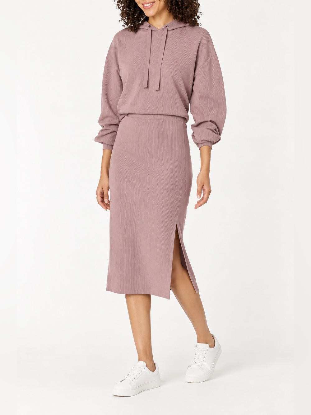 The Drop Veronique High Waist Rib Knit Midi Skirt Mauve Pink Slit XS